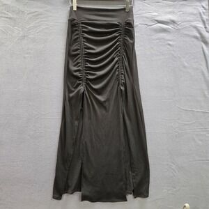 Witchy Renfaire Pirate Black Ribbed Ruched Maxi Skirt Double Slit High Waist